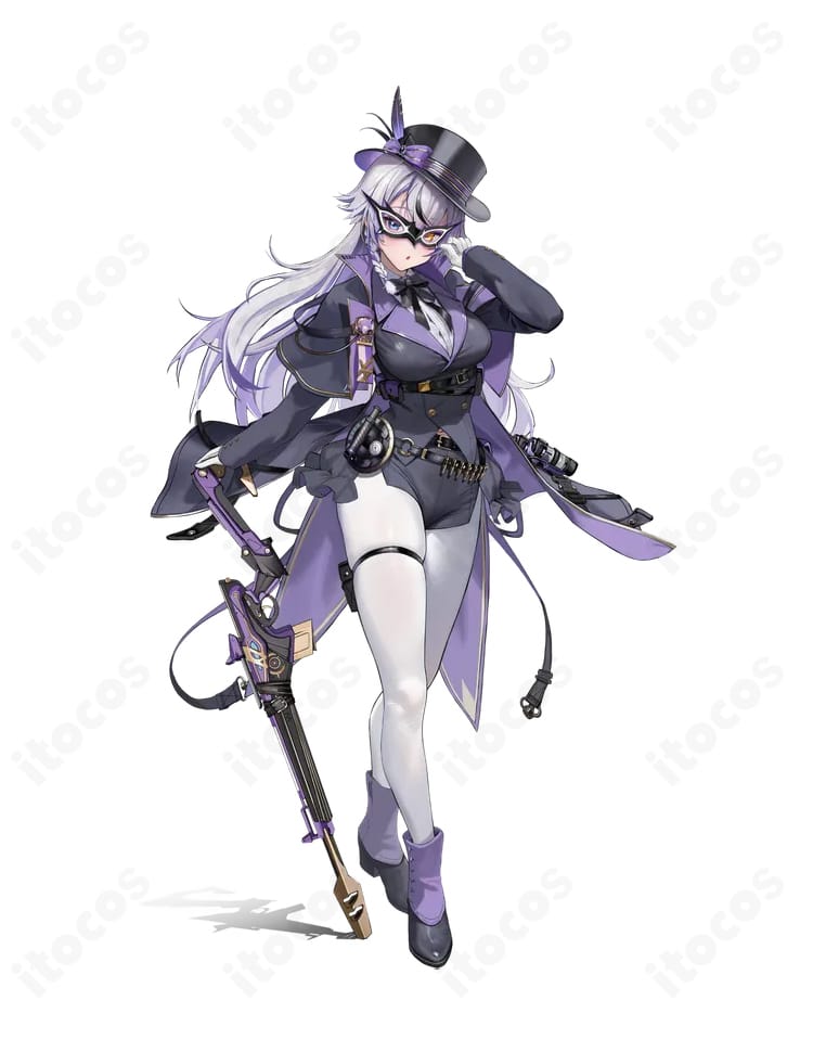 勝利の女神：NIKKE ファントムの怪盗衣装一式（衣装・帽子・仮面）を着用した全身イメージ。クールでミステリアスな再現度が伝わるコスプレ写真。