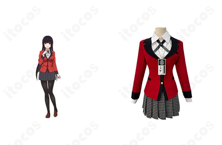 賭ケグルイ 蛇喰夢子のコスプレ一式とキャラクターイメージの組み合わせ。百花王学園制服の高再現セットを着用した全身イメージ。