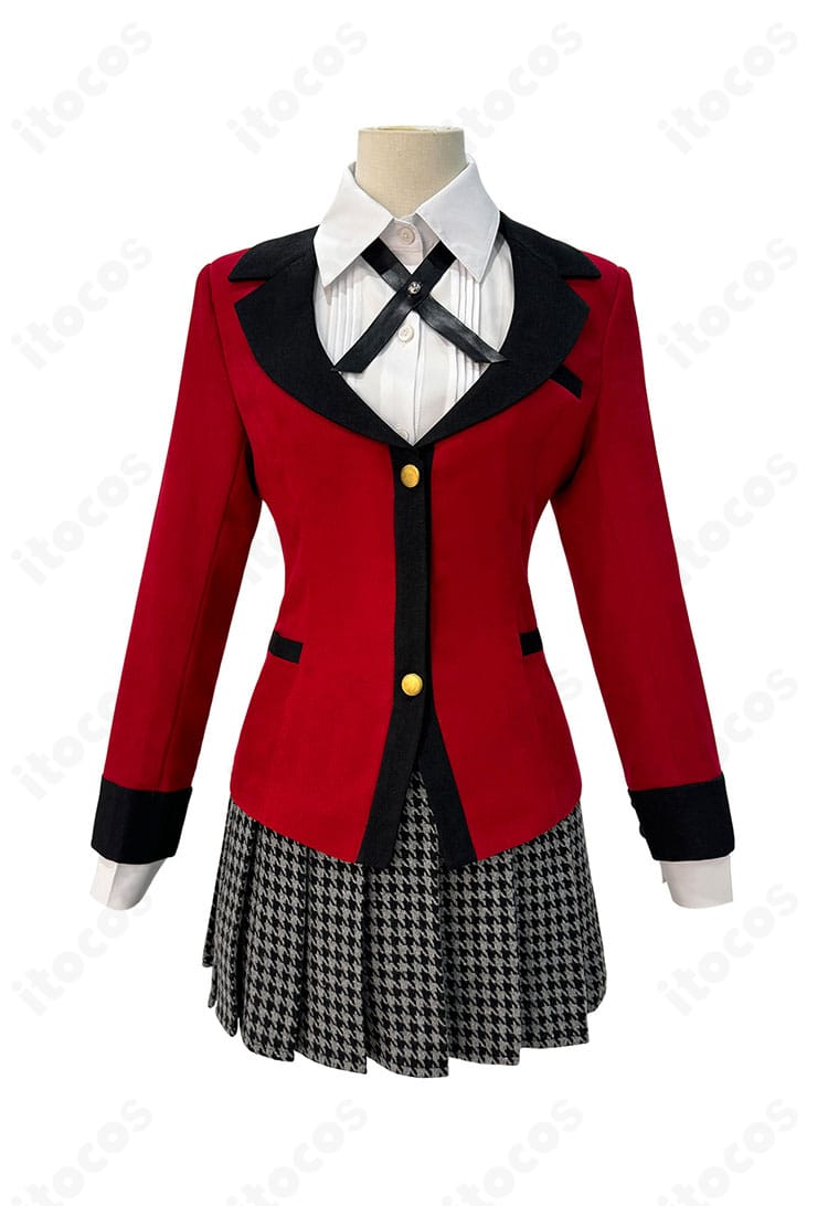 蛇喰夢子コスプレの胸元ディテール。黒リボンの結び目と襟周り、胸元の装飾バランスをクローズアップ。