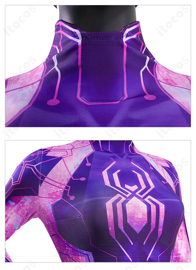 スパイダー・バイト衣装の襟後部と胸元装飾のクローズアップ。劇中イメージに沿った意匠。