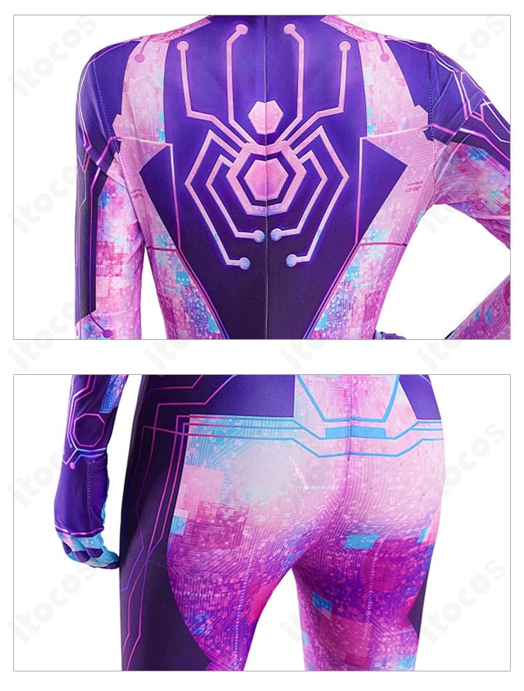 スパイダー・バイト衣装の背面装飾ディテール。精緻な仕上げと立体感を強調。