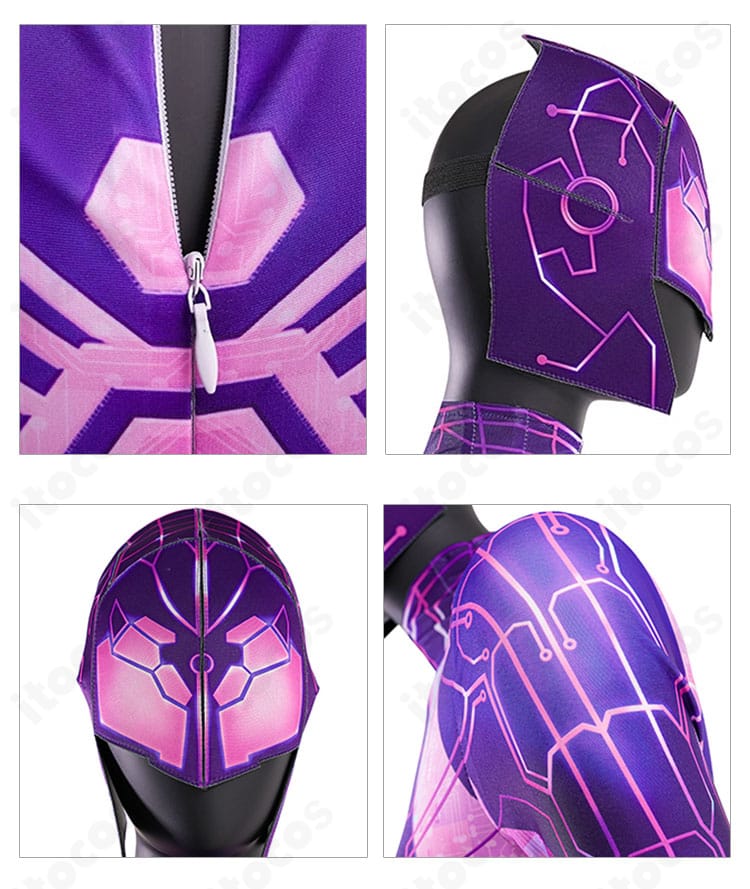 スパイダー・バイトの衣装チェーン、マスク、肩装飾の接写。細部の造形と質感を示す。