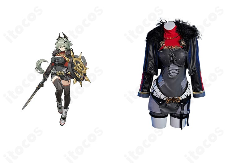 ゼンレスゾーンゼロ キング・シーザー衣装の正面全身とキャラクター比較。コートと胸当ての再現度が分かる画像。