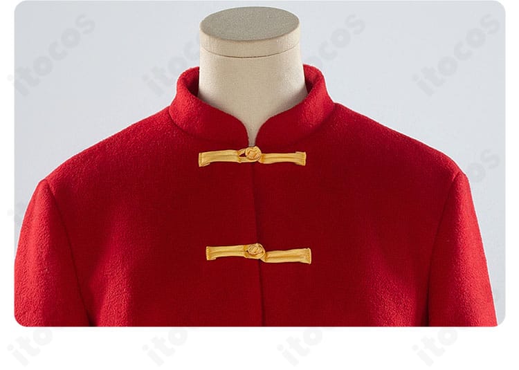 立ち襟まわりと前合わせの装飾、マフラーの重なり方を示す首元のアップ。