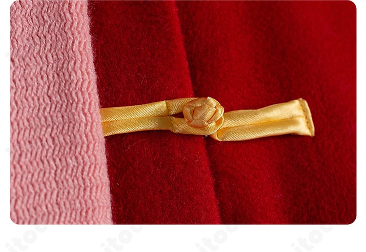 門襟の結びボタン風（系扣）装飾を強調した前立てディテールの近接写真。