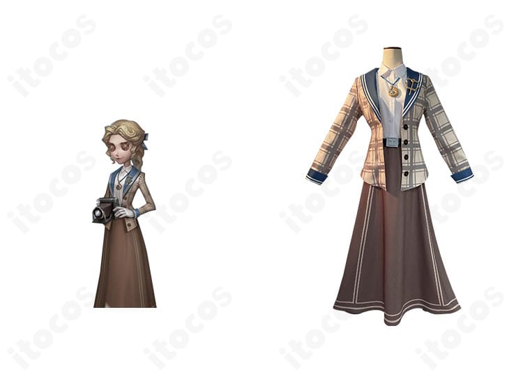 第五人格 アリス・デロス 報道記者コスプレ衣装の正面とキャラクター比較｜コートと胸飾りの再現が分かる構成