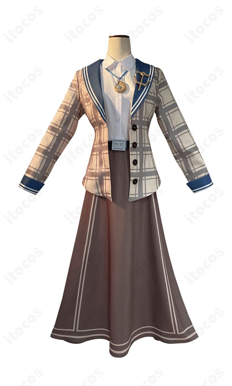 アリス・デロス 報道記者コスプレ衣装の正面全体｜コート・シャツ・スカートのバランスと上品なシルエット
