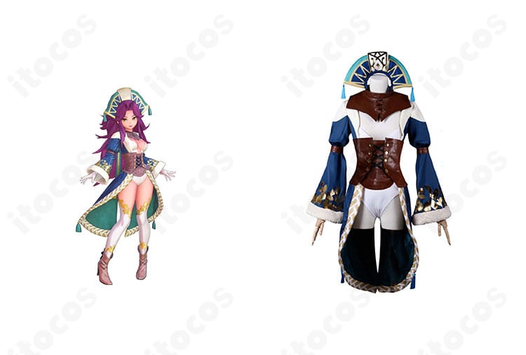 聖剣伝説3 アンジェラ アークメイジの正面全体図とキャラクター参考を並置した高再現コスプレ衣装