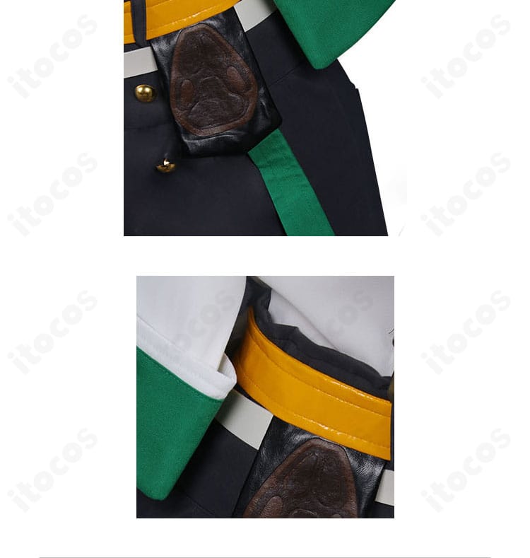 ジオヴァーナ衣装の腰飾りクローズアップ。素材の質感、ステッチ、留め具の構造が見える詳細ショット。