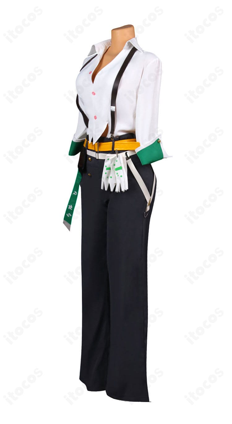 ジオヴァーナ コスプレ衣装の側面画像。袖口やサイドライン、サスペンダーの取り回しが確認できる角度。