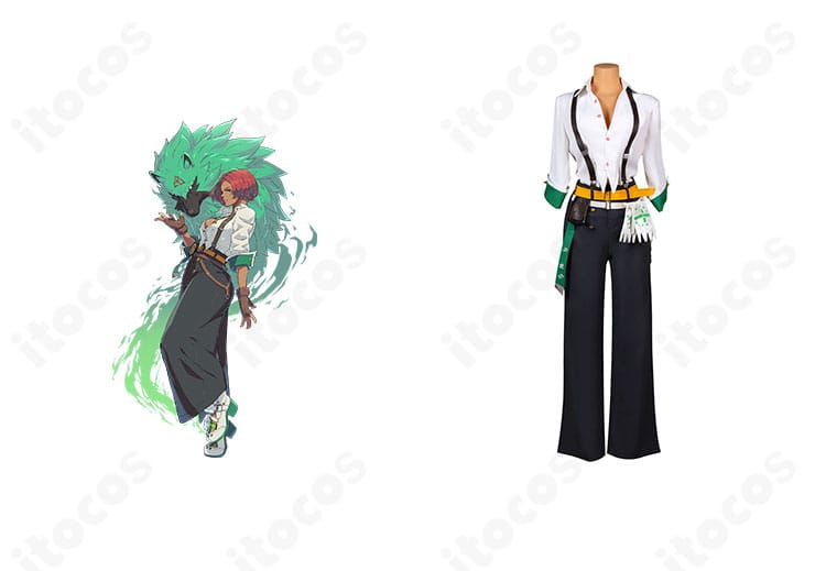 GUILTY GEAR -STRIVE- ジオヴァーナのコスプレ衣装と公式イメージを並置した正面ショット。配色と装飾を高精度で再現。
