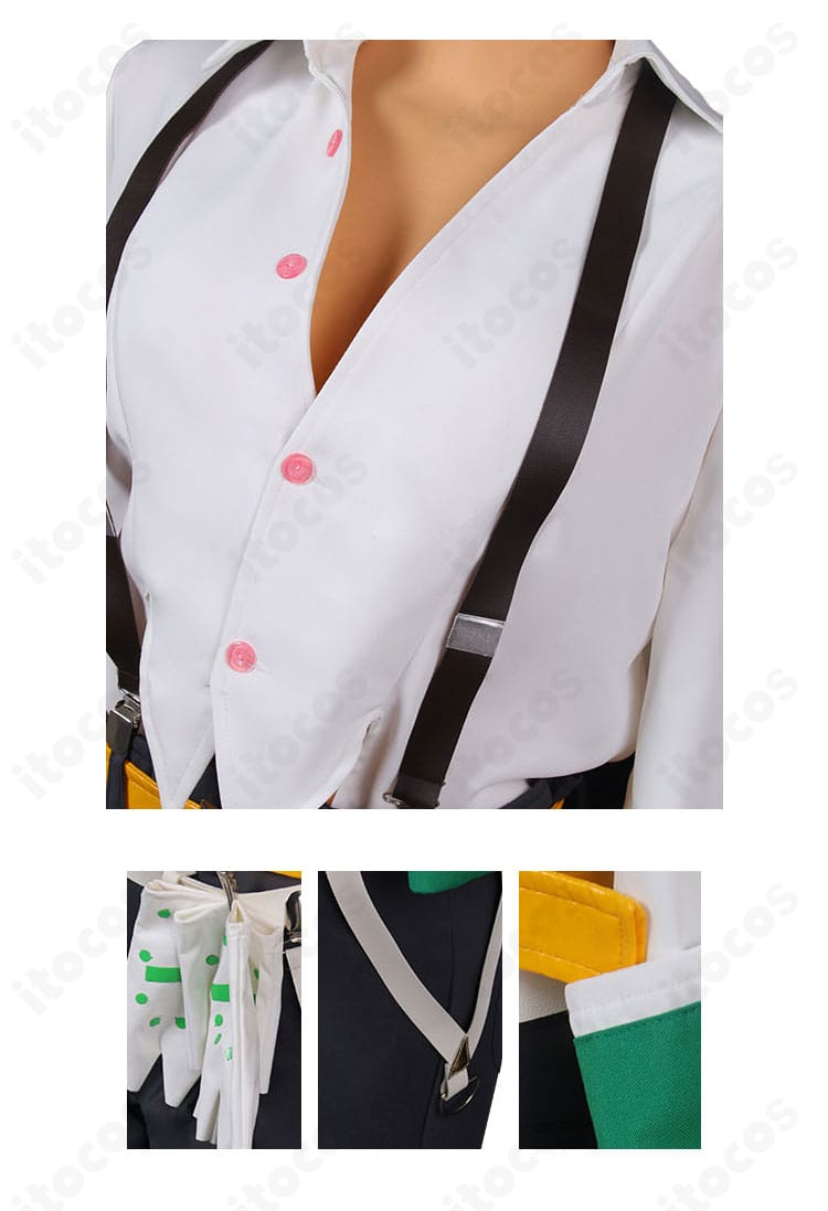 ジオヴァーナ衣装の首元と腰部ディテール。刺繍や金具パーツの質感と配色の再現にフォーカス。