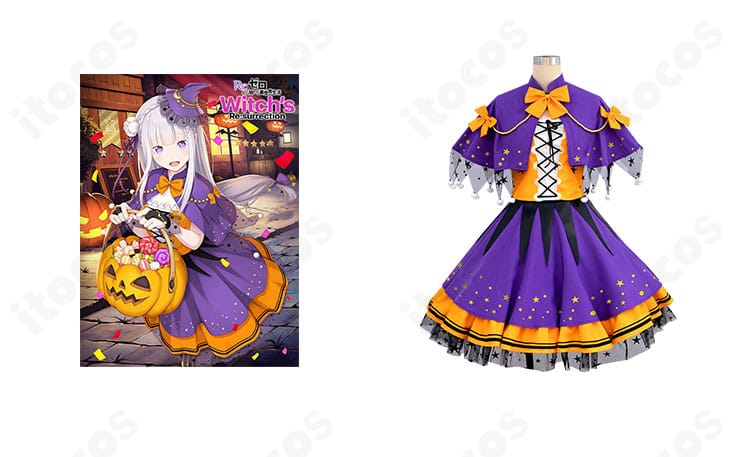 エミリア ハロウィンNight2024衣装の正面全身とキャラクターイラストの比較。清楚な配色とマント・帽子のデザインが分かる構図