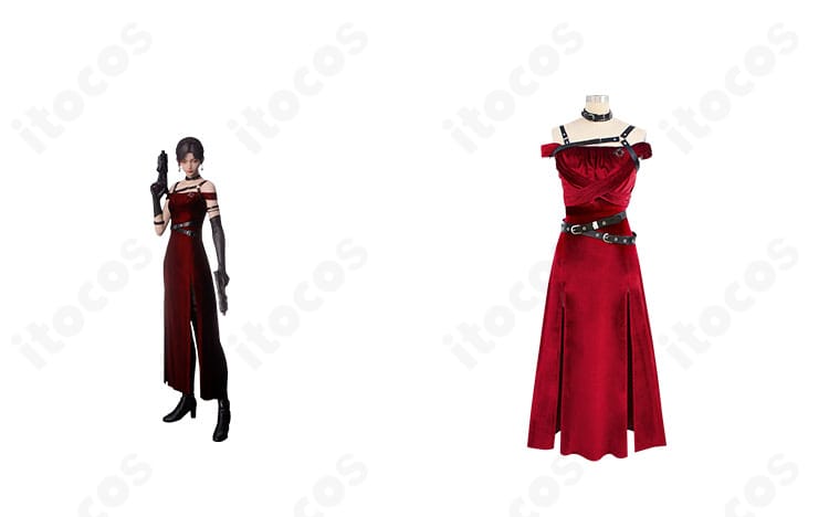 恋と深空 主人公『麗しき暗幕』コスプレ衣装の正面全身とキャラクタービジュアル。ダークエレガントな装飾とシルエットの再現が分かる構図。