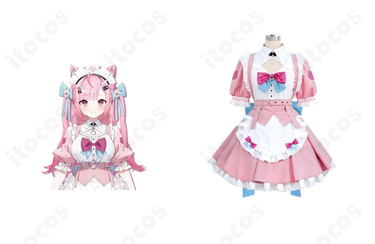 結城さくなのメイド風コスプレ衣装を正面から。キャラクターイメージを高再現したワンピースとエプロンの全身コーデ