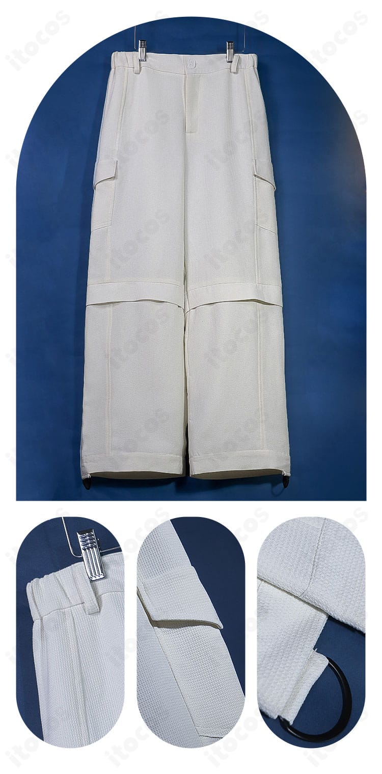 漣ジュン 私服2コスプレ衣装のズボン装飾ディテール。ステッチと意匠の再現性、動きやすさを示す写真。