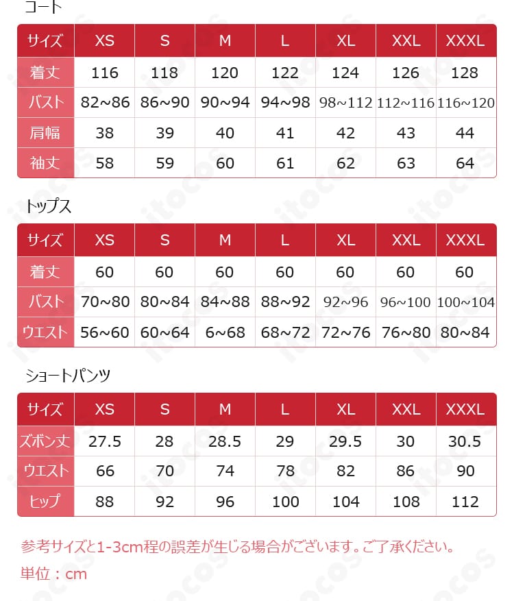 飛霄コスプレ サイズ表と寸法対応の一覧