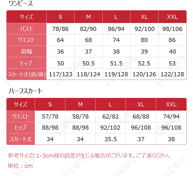 ジェーン・ドゥ衣装のサイズ表。S〜XXLの寸法ガイドが確認できる。