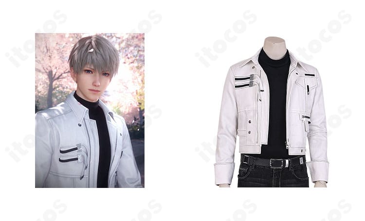 恋と深空 セイヤ『時のかけら』コスプレ衣装の正面とキャラクタービジュアルを並置した画像。装飾と配色の再現が分かる。