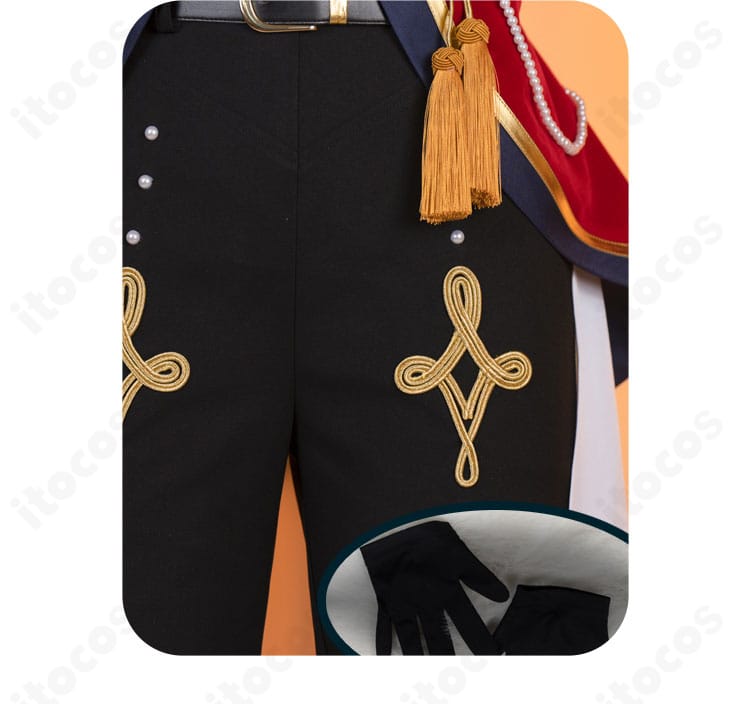 ズボン装飾の接写。サイドの意匠と生地表面の質感を示す画像