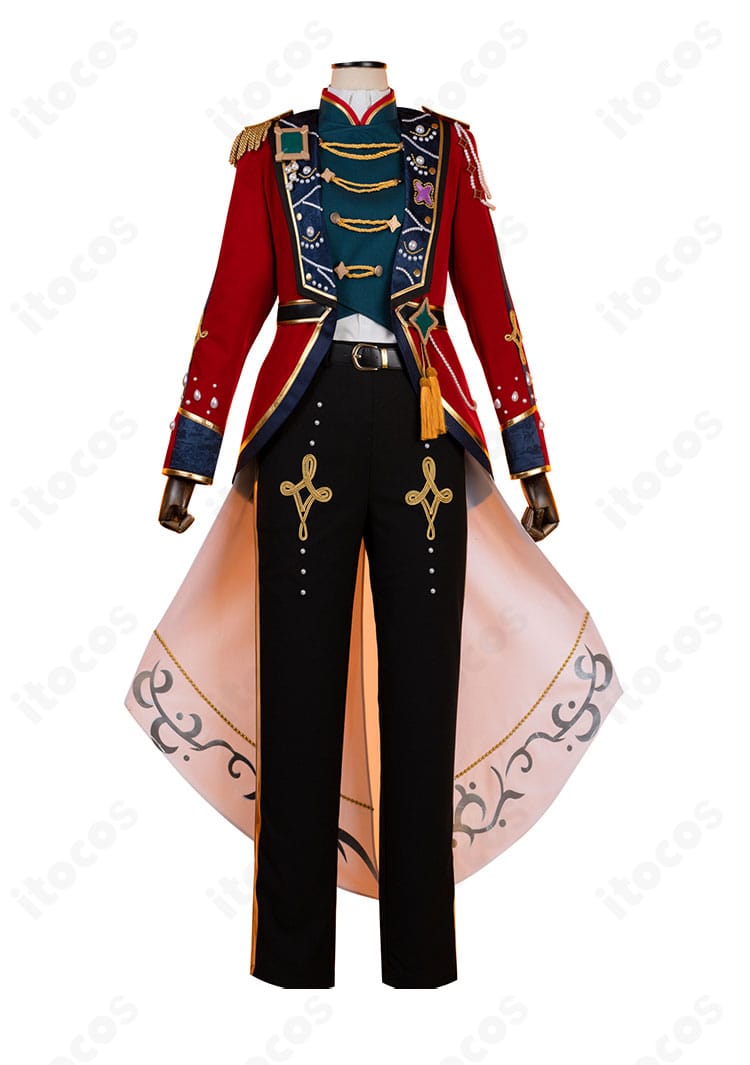 天祥院英智 コスプレ衣装 正面全体。シャツ・ベスト・コートのレイヤーと胸飾りの配置を確認できる画像