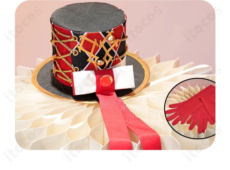 帽子と手袋の装飾ディテール。リボンと縁取り、素材感を示す近接写真