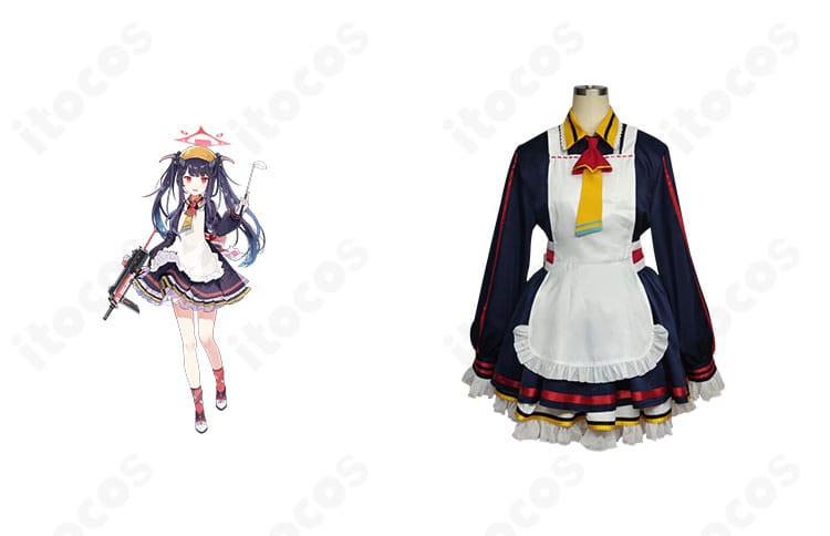 商品正面と愛清フウカの完成イメージ比較。メイド風エプロンとスカーフが特徴の高再現コスチューム