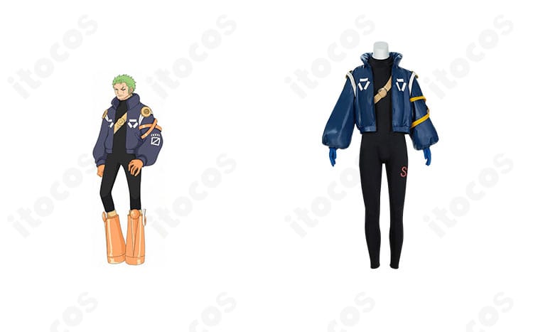 ロロノア・ゾロ エッグヘッド編のコートとジャンプスーツを正面から収めた画像。作品名ワンピースのゾロ衣装を忠実再現。
