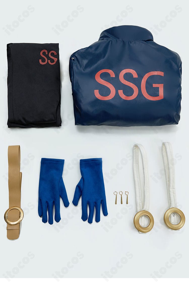 ロロノア・ゾロ エッグヘッド編コスプレ衣装のセット内容一覧。コート、ジャンプスーツ、手袋、各種ストラップ、耳飾りを並べた画像。