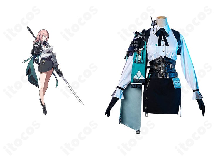 月城柳のコスプレ一式とキャラクターイメージを並べた正面写真