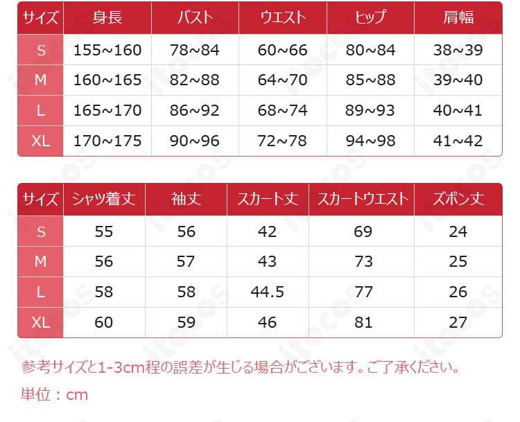 サイズ表と対応寸法の一覧。S〜XLのフィット感と各部位の計測基準を示す画像
