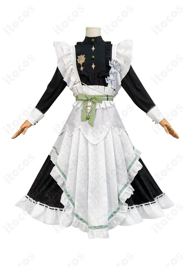 正面から捉えたNU:カーニバル オリビンのメイド服コスチューム。襟元と胸飾りが映える全体像。