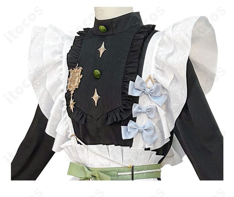 メイド服の刺繍と装飾ディテールのクローズアップ。質感と縫製の美しさを強調。