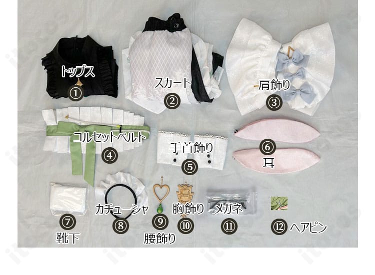 セット内容の全体写真。トップス・スカート・コルセットベルト・小物一式が揃うオリビン メイド服。