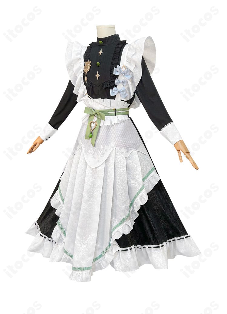 側面から見たオリビン メイド衣装。コルセットベルトで整ったウエストラインと袖の装飾が分かる角度。