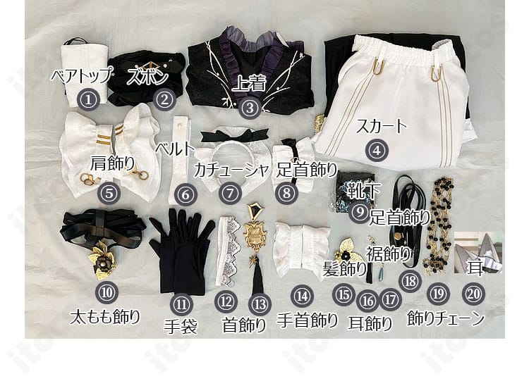 セット内容一覧。べアトップ、上着、スカート、飾り類まで揃ったフルセット