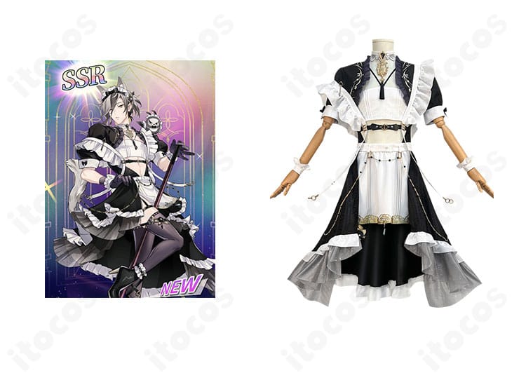 レイのメイド服コスプレ衣装（ITOCOS）正面とキャライラスト、刺繍と装飾を忠実再現した高品質セット