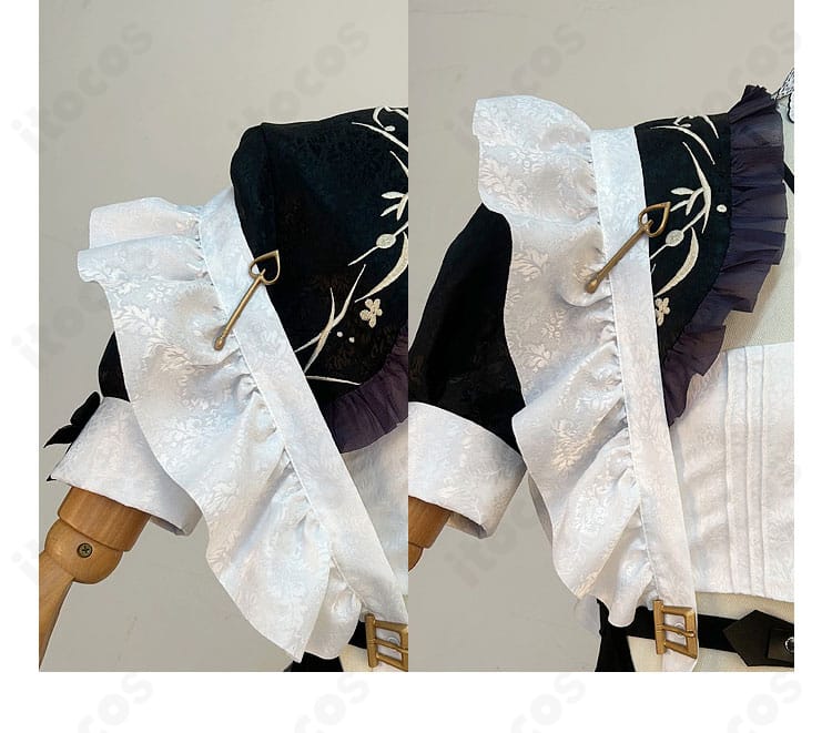 肩袖の装飾ディテール。ギャザーとトリム、立体的な袖口デザインで存在感を強調