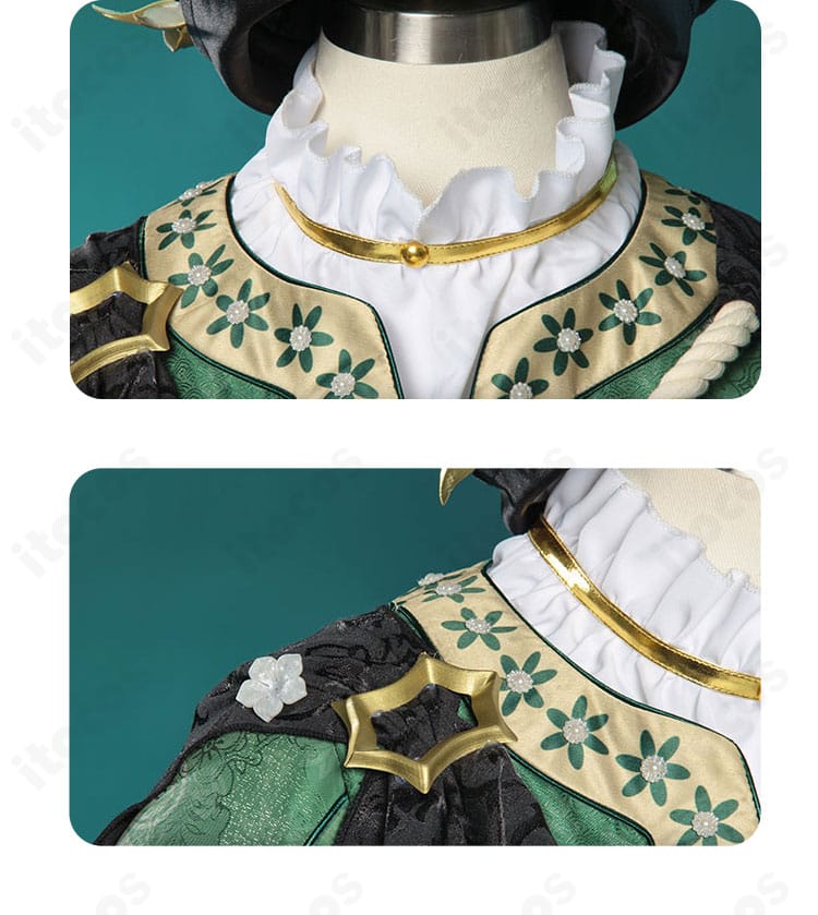 襟元と肩の装飾ディテール。ロミオ衣装の特徴的な意匠を拡大表示