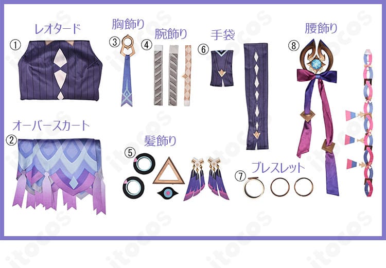 原神 シトラリ コスプレ衣装のセット内容一覧。レオタード、オーバースカート、各種アクセサリー一式を並べて表示。
