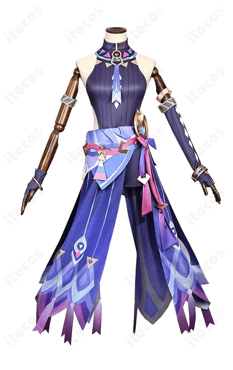 原神 シトラリ コスプレ衣装の正面全身。レオタードと胸飾り、オーバースカート、腕飾りのセット構成が確認できます。