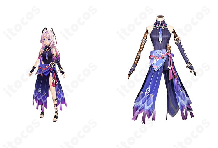 原神 シトラリ コスプレ衣装の正面とキャラ参考を並置した画像。レオタード基調と華やかな装飾の全体バランスが分かります。