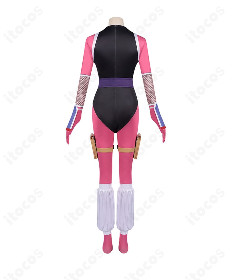 背面ディテール。背中の縫製、ファスナー位置、レッグポーチ装着の見え方を示す近接画像