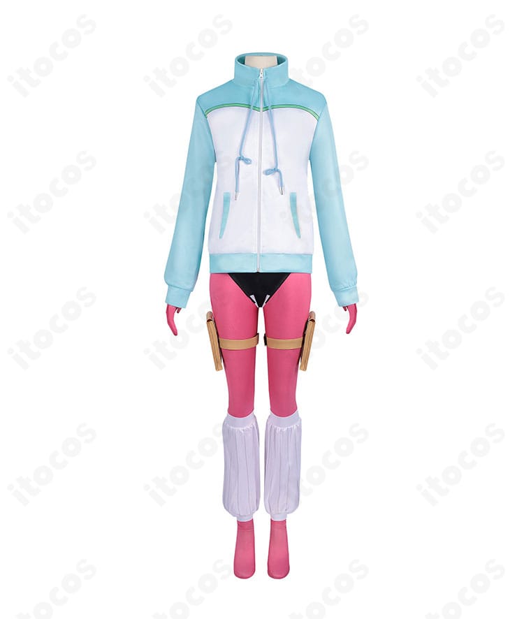 出浦白津莉コスプレ衣装の正面全体。レオタード・コルセットベルト・コートのシルエットが一目で分かる画像