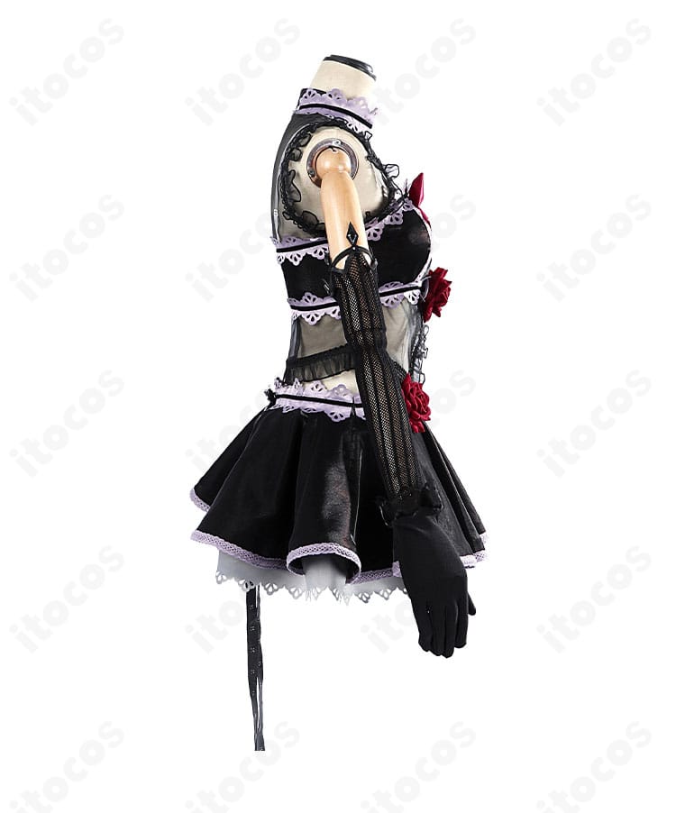 西木野真姫コスプレ衣装の左側ディテール。腰の花飾りと袖装飾の質感と留め位置が分かる接写