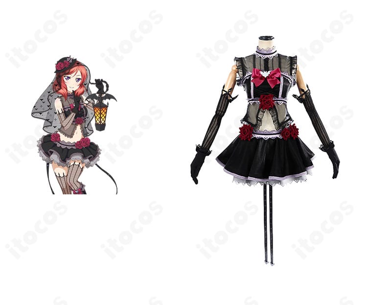 西木野真姫 怪談編「おばけなんてキライ！」の全身コスプレ一式とキャラビジュアルを対比した正面カット