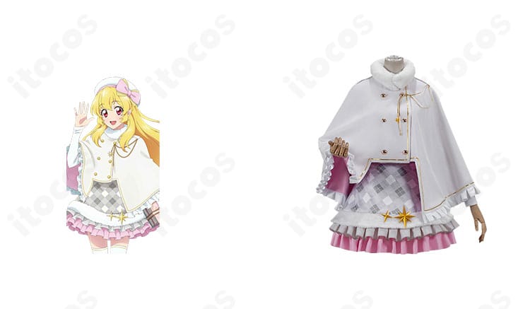 アイカツ！10th STORY 星宮いちごのホワイトポンチョ衣装とキャラクター参照が並ぶ正面画像。全体のシルエットと配色を確認可能。