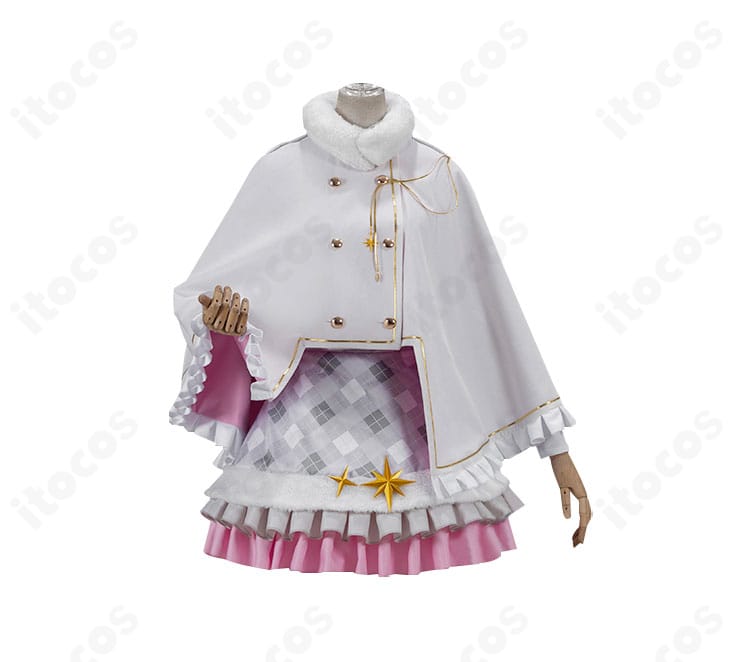 星宮いちご ホワイトポンチョ衣装の正面スタイル。スヌード、スカート、ポンチョの縁取りと質感がわかる解像度の高い画像。