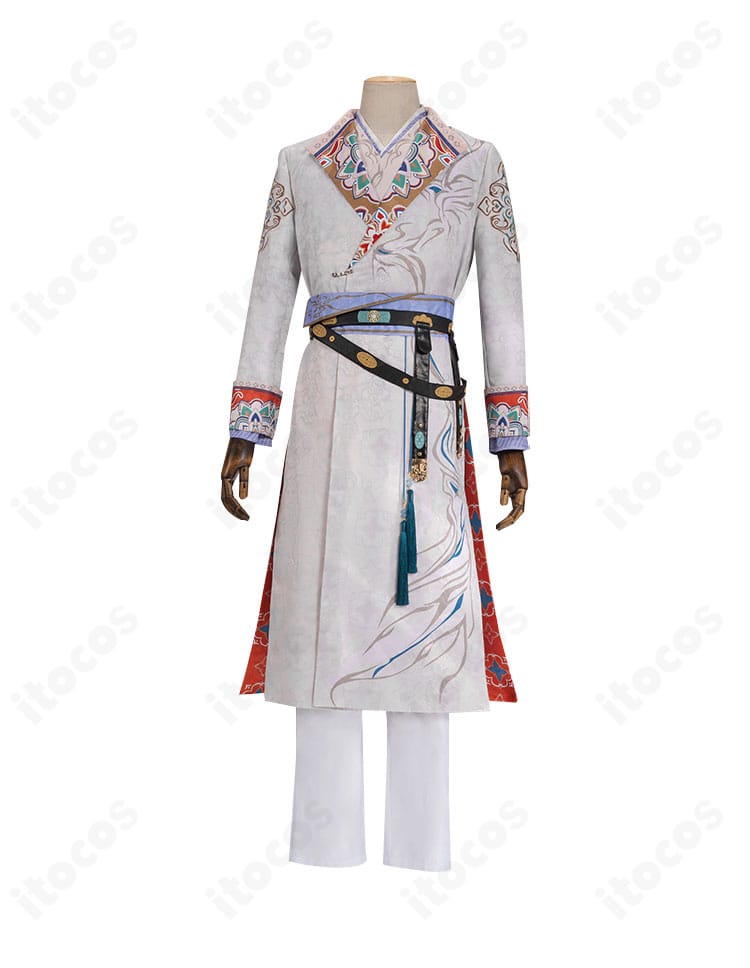 正面全景のセイヤ衣装「花の意を聴く」ディテール。襟元とフロント装飾の仕上げを鮮明に確認できる画像。