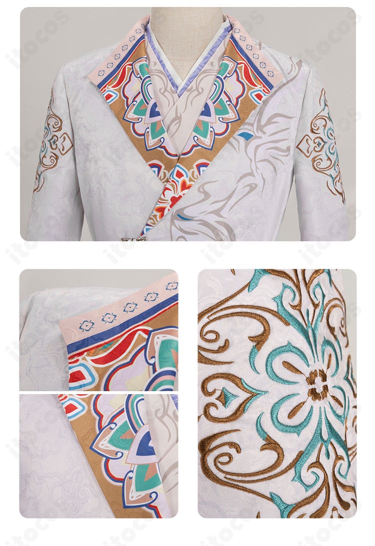 襟・袖・装飾のクローズアップ。セイヤ「花の意を聴く」の細部まで丁寧な縫製と意匠。